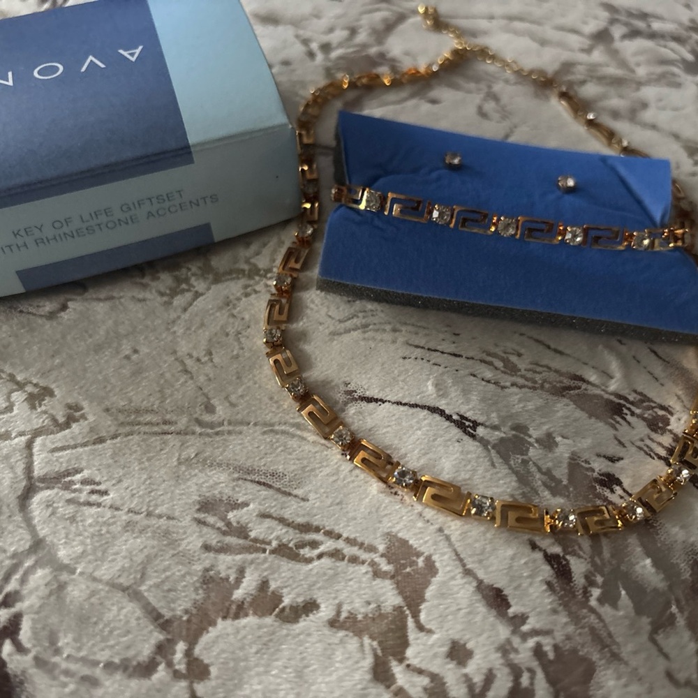 Avon Gold Necklace, Bracelet and Earring Set with Rhinestone Details